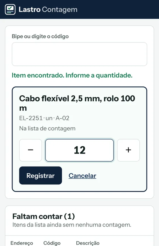 Tela de contagem no celular: item encontrado pelo código, quantidade 12 e botão registrar